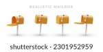 Yellow realistic mailboxes with raised flag. 3D set of icons for messengers, mail applications. Opened and closed mailbox on stands. Ready to accept notification