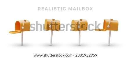 Yellow realistic mailboxes with raised flag. 3D set of icons for messengers, mail applications. Opened and closed mailbox on stands. Ready to accept notification