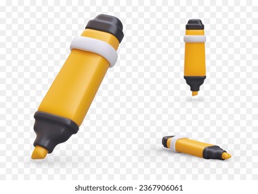 Yellow realistic marker in different positions. Isolated illustrations, icons set. Accessory for selecting and coloring text. Modern stationery. Vector