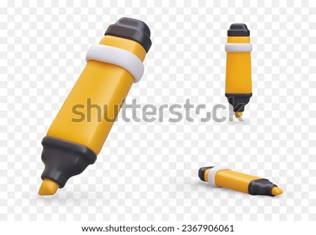Yellow realistic marker in different positions. Isolated illustrations, icons set. Accessory for selecting and coloring text. Modern stationery. Vector