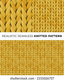 Yellow realistic merino wool fabric. Seamless detailed knitted pattern. Vector illustration with closeup texture for wallpaper, background, web page backdrop, wrapping paper, winter design, postcard