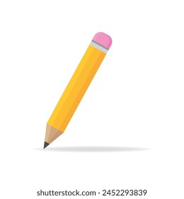 Yellow realistic Pencil. Volumetric wooden object for writing and drawing. Vector short yellow pencil,  with rubber eraser. 