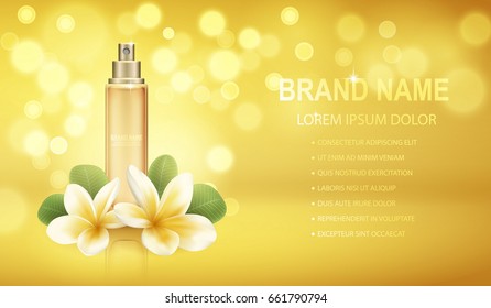 Yellow realistic perfume bottle isolated on the sparkling effects background with plumeria flowers. Mock-up of Perfume advertisement. Women perfume in beautiful bottle.