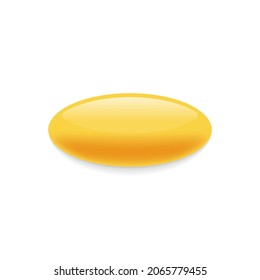 Yellow Realistic Pill On White Background. Mockup Of Oval Painkiller Or Antibiotic. Pharmaceutical Medicament And Drug. Cosmetic Oil Capsule Of Vitamins And Minerals. Isolated Vector Illustration.