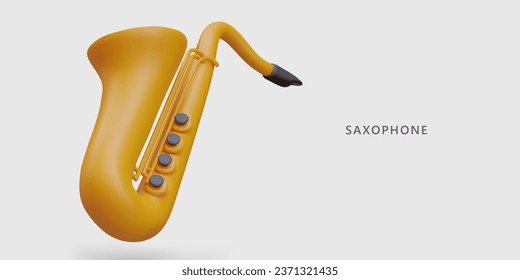 Yellow realistic saxophone. Cartoon style concept. Classical wind musical instrument. Music lessons. Concert announcement template. Header, banner for store