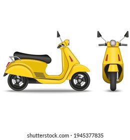 Yellow realistic scooter isolated on white background front and side view, 3d vector vehicle model with shadows.