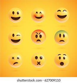 Yellow realistic set of emoticons, vector illustration