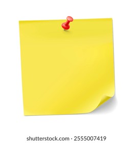 Yellow realistic stick note paper with red push pin mockup. Vector illustration isolated on white background. Ready for your design. EPS10.