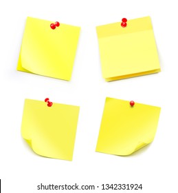 Yellow realistic stick note papers with red push pins. Vector illustration isolated on white background. Ready for your design. EPS10.