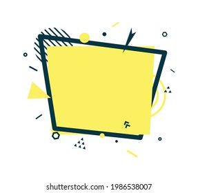 Yellow rectangle and black frame in flat style. Memphis art banner with abstract geometric shapes. Outline sticker with place for promotion text, price tag, sale ad. Vector card on white background