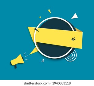 Rectángulo amarillo, círculo azul y megáfono en el arte de corte de papel. Banner de estilo memphis con formas geométricas abstractas. Etiqueta de color vectorial con lugar para texto de promoción, etiqueta de precio, anuncio de venta