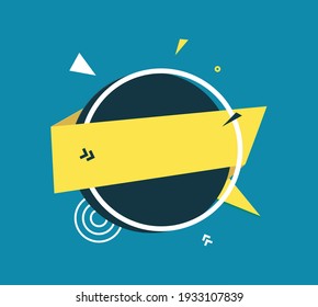 Yellow rectangle and blue circle in paper cut art. Memphis style banner with abstract geometric shapes. Colorful sticker with place for promotion text, price tag, sale ad, papercut vector illustration