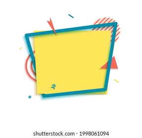 Gelbes Rechteck und blauer Rahmen im Papierschnitt. Memphis-Kunstbanner mit geometrischen Formen. Rahmenaufkleber mit Platz für Promotion-Text, Preisschild, Verkaufsanzeige. Vektorkarte auf weißem Hintergrund.