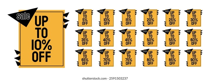 Yellow rectangular card with black triangle shaped elements. Discount card. Up to 5, 10, 15, 20, 25, 30, 35, 40, 45, 50, 55, 60, 65, 70, 75, 80, 85, 90 percent off.