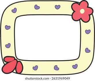 Yellow rectangular frame with hearts and flowers, playful design.
