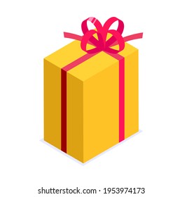 Yellow rectangular gift box. Gift for party, celebration, special event like birthday, christmas, valentines day. Modern vector illustration in isometric style. Isolated on white background.