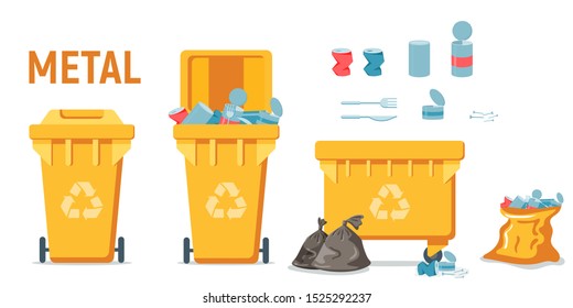 Yellow recycle garbage bin for metal set. For banner, flyer. Separation of waste cans for recycling, reuse, reduce. Throw away metal in correct trash can. cans, metal tools, nails, screws in bags