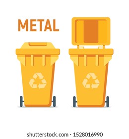 Yellow recycle garbage bin for metal. For Illustration, banner, Icons and recycle related activities. Separation of waste cans for recycling, reuse, reduce. Waste management concept. 
