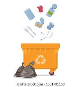 Yellow recycle garbage bin for metal set. For banner, flyer. Separation of waste cans for recycling, reuse, reduce. Throw away metal in correct trash can. cans, metal tools, nails, screws in bags