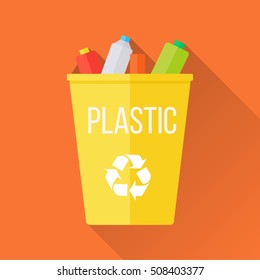 Yellow recycle garbage bin with plastic. Reuse or reduce symbol. Plastic recycle trash can. Trash can icon in flat. Waste recycling. Environmental protection. Vector illustration.