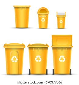 Yellow Recycling Bin Bucket Vector For Plastic Trash. Opened And Closed. Front View. Sign Arrow. Isolated Illustration