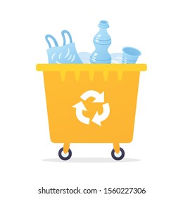 Yellow recycling garbage can or dumpster isolated full with plastic rubbish, wheelie trash bin vector illustration, waste management.