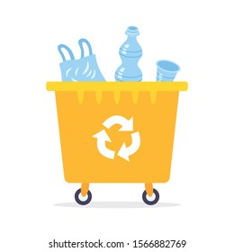 Yellow recycling garbage can or dumpster isolated full with plastic rubbish, wheelie trash bin flat vector illustration, waste management.