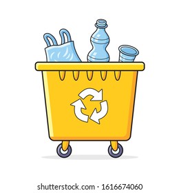 Yellow recycling garbage can or dumpster isolated full with plastic rubbish, wheelie trash bin cartoon vector illustration, waste management.