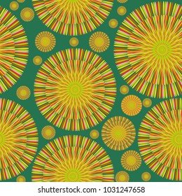 Yellow to red abstract flowers on green background Seamless pattern vector illustration