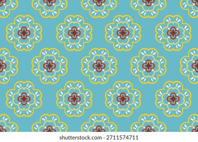 Patrón floral alterno amarillo y rojo sobre un fondo azul