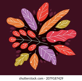 Yellow and red autumn leaves beauty of nature vector flat illustration on dark background, fall foliage drawing composition.