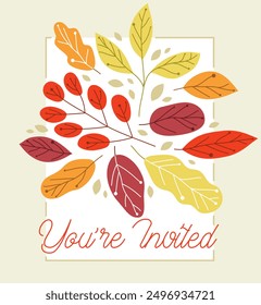 Yellow and red autumn leaves beauty of nature vector flat greeting card, fall foliage drawing anniversary invitation or other greetings.