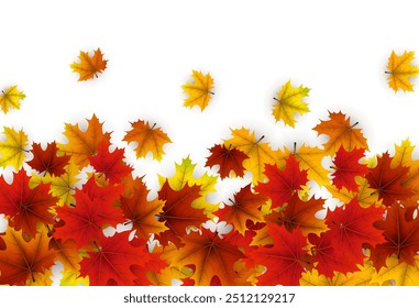 Yellow and red autumn leaves float gently on a white background, creating a serene and seasonal design perfect for fall-themed projects and backgrounds.