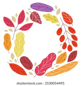 Yellow and red autumn leaves frame wreath beauty of nature vector flat illustration isolated on white background, fall foliage drawing composition.
