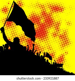 yellow and red background with crowd silhouette