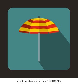 Yellow and red beach umbrella icon in flat style on a bluegreen background
