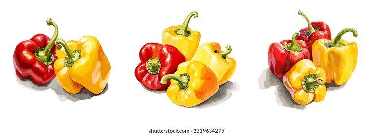 Yellow and red bell pepper, watercolor painting style illustration. Vector set.