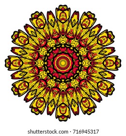 yellow, red, black color flower mandala round ornament design for greeting card, invitation, tattoo. Vector illustration