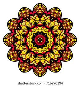 yellow, red, black color flower mandala round ornament design for greeting card, invitation, tattoo. Vector illustration