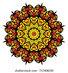 yellow, red, black color flower mandala round ornament design for greeting card, invitation, tattoo. Vector illustration