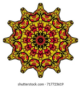 yellow, red, black color flower mandala round ornament design for greeting card, invitation, tattoo. Vector illustration