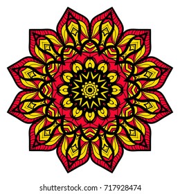 yellow, red, black color flower mandala round ornament design for greeting card, invitation, tattoo. Vector illustration