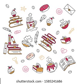 Yellow, red and black isolated book cafe, shop, club elements. Book stack, cups, mugs, cupcakes, cake, donut, paper clips, coffee beans, envelope illustration. Editable outline. In doodle style.