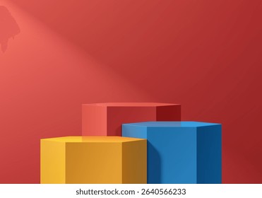 Yellow, red and blue 3D hexagon podium with red wall scene. Minimalist mockup pedestal, Abstract cosmetic stand product display presentation, Stage for showcase. Platforms vector design. Studio room.