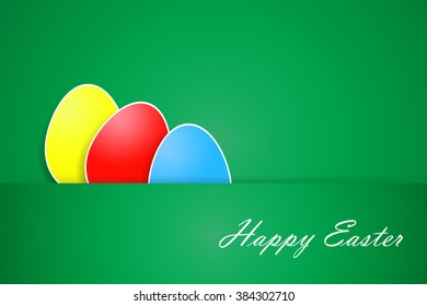Yellow, red and blue eggs with white borders are lying behind the rectangle in the lower part of the  vector. White inscription Happy Easter is on the lower right side of the vector. 