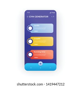 Yellow, red, blue gym programme generator UI, UX, GUI screen for mobile apps design. Modern responsive UI design of mobile applications including Fitness screen with cardio, crossfit and running eleme