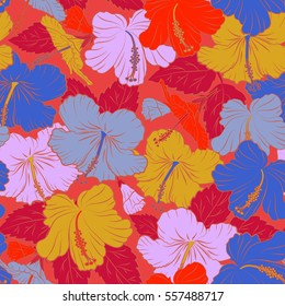 Yellow, red and blue hibiscus pattern. Watercolor floral seamless pattern. Exotic vector seamless pattern floral design. Textile print for bed linen, jacket, package design, fabric or fashion concepts