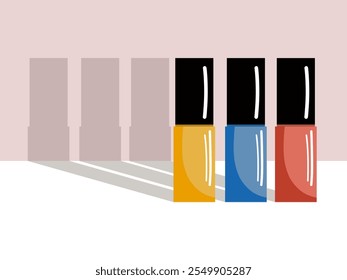 Garrafas de esmalte de unha amarelas, vermelhas e azuis. Cosméticos vibrantes e coloridos sobre um fundo rosa. Ilustração vetorial minimalista.