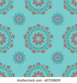 Yellow, red and blue seamless background flower ornament pattern. Abstract arabesque background for greeting card, presentation or wedding invitations. Traditional vector gothic damask background.