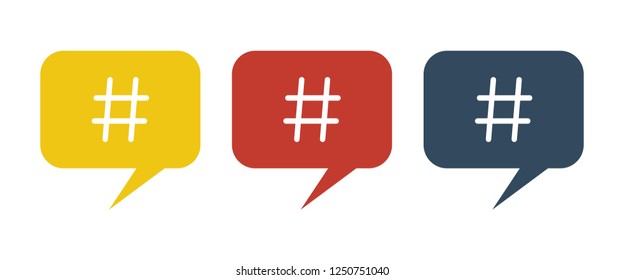Yellow, red and blue speech bubbles with hashtag symbol. Hashtag symbol in speech bubbles.